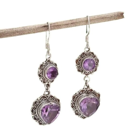 Vintage-Inspired Amethyst Glass Drop Earrings With Ornate Silver Setting - 4.5cm - Picture 1 of 3